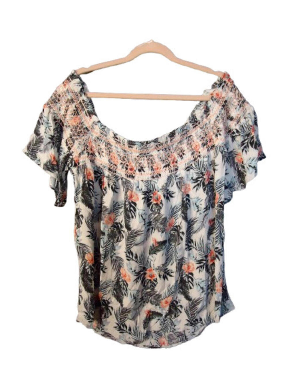 Maurices Smocked Off The Shoulder Peasant Blouse Womans Size XXL Tropical Print
